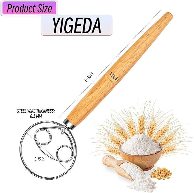 YIGEDA Danish Dough Whisk, Stainless Steel Wood Handle for Sourdough Bread