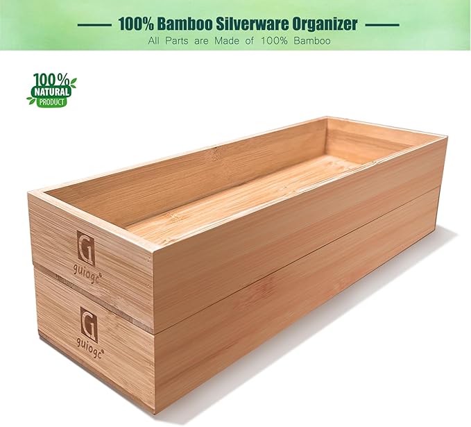 guiogc Silverware Drawer Organizer, Utensil Organizer, Bamboo Storage Box Wood Tray for Drawer Set of 2