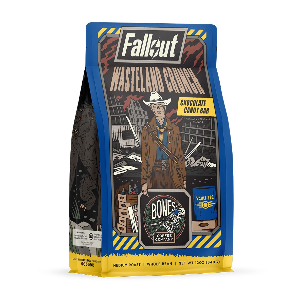 Bones Coffee Company Fallout Valiant Vanilla, Vanilla Wafer Flavored Coffee, Medium Roast Low Acid Arabica Beans Compatible with Auto drip and French Press Coffee Maker, 12 Oz Whole Bean