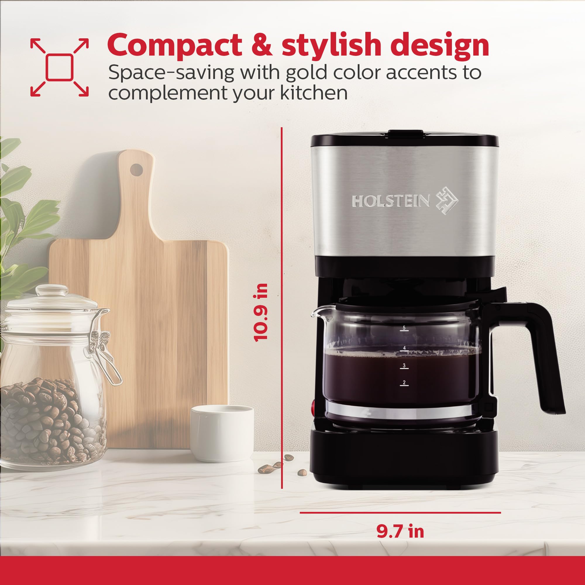 Holstein Housewares 5 Cup Coffee Maker – Compact Drip Coffee Machine with Auto Pause & Serve, Reusable Filter, Glass Carafe, Water Window & Warming Plate, Black