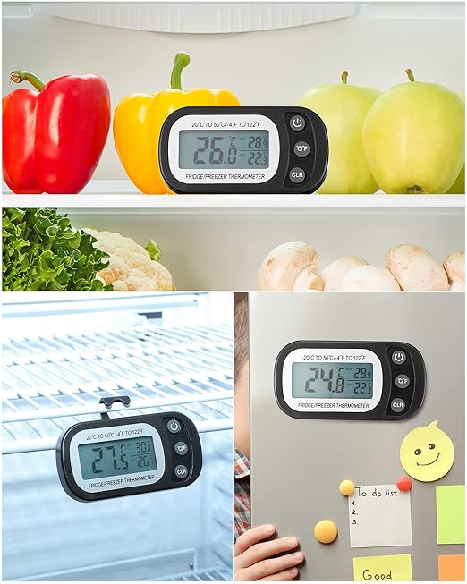 Frienda 12 Pcs Black Digital Fridge Thermometer Waterproof Refrigerator and Freezer Max/min Record Function LCD Screen Refrigerator Thermometer with Hook and Magnetic Back for Home (Button)