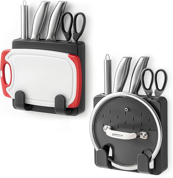 SLIMUCH Wall Mounted Knife & Cutting Board Holder – Self-Adhesive Pot Lid and Utensil Organizer with 4 Slots for Knives, Scissors & Kitchen Tools | Space-Saving Under Cabinet Storage Rack