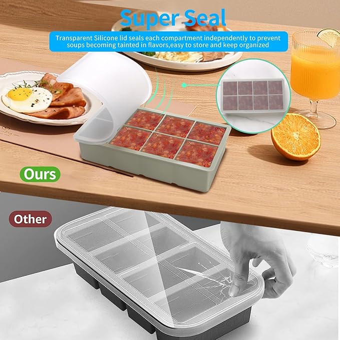 1/2 Cup Silicone Freezer Tray With Lid - Silicone Freezer Molds 4-Pack For meal prep & freezing of various sauces and other dishes, makes 32 perfect 1/2 cup portions cube (Green 4 Pack)