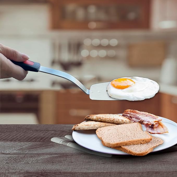 Stainless Steel Spatula, Flexible Metal Slotted Turner for Cast Iron Skillet, Thin Blade and Heat Resistant Silicone Handle, Great for Egg, Cookie, Meat, Crep, Small