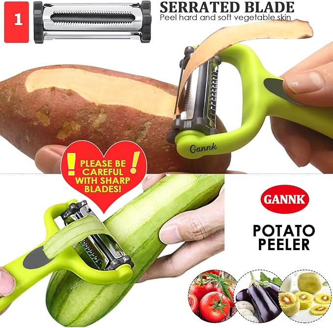 GANNK Potato Apple Vegetable Peelers for Kitchen, I and Y Peelers for Fruit Veggie Potatoes Carrot Cucumber, 3 in 1 Blade Spin Design With Julienne Multifunctional