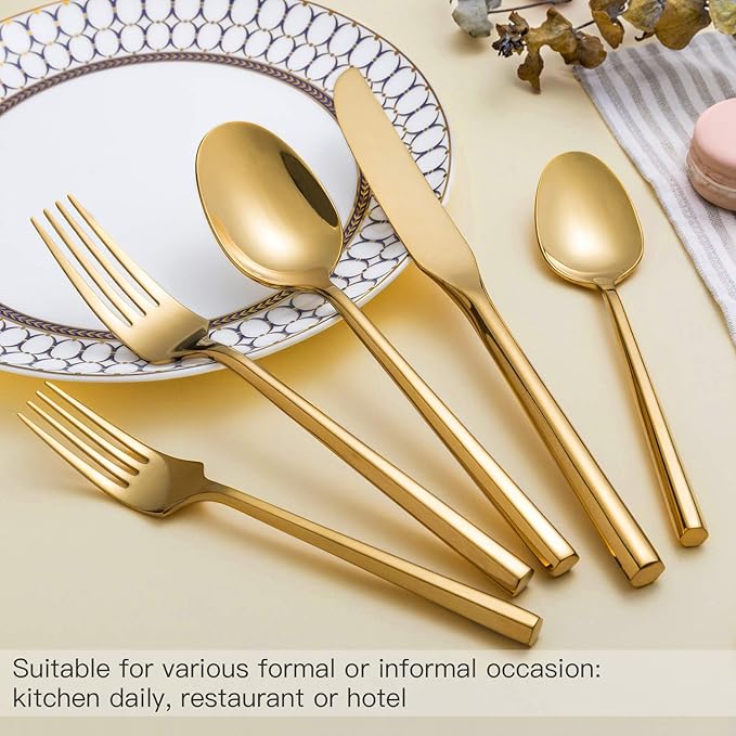 Kelenfer Gold Silverware Set Flatware Set Stainless Steel Cutlery Set 40 Pieces Hexagon Handle Home Kitchen Daily Use Service for 8