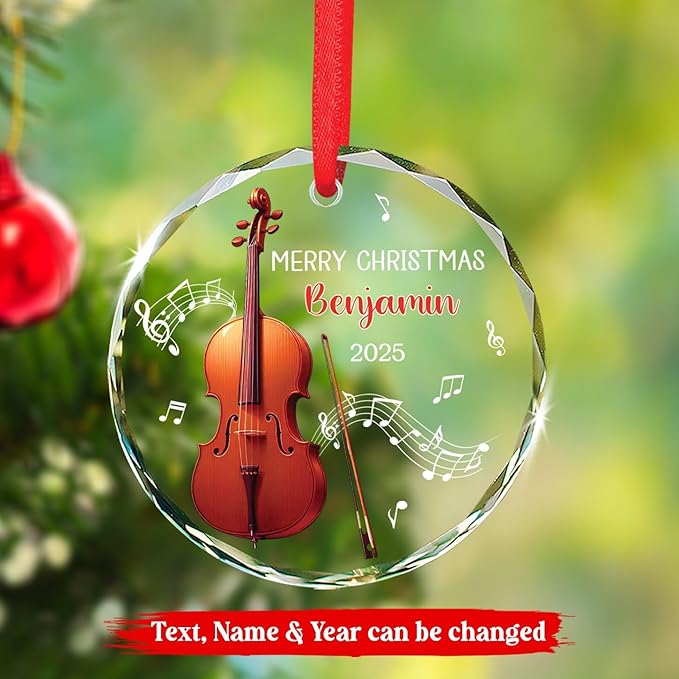 Cello Christmas Tree Glass Ornament, Personalized Text & Name Cello Musical Instrument Xmas Ornament Gifts for Musical Lover, Cellist Christmas Ornaments 2026, Custom Instrument Player Glass Keepsake