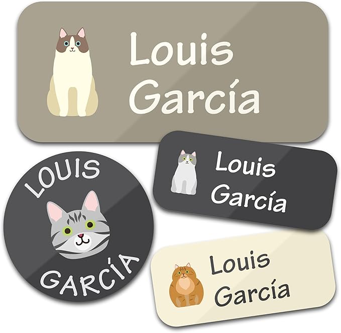 Bunny Badges Personalized Daycare Name Labels for Kids (130 Labels) - Custom Waterproof Name Stickers for Clothing Tags, Water Bottles, Lunch Boxes and School Supplies (Cats)