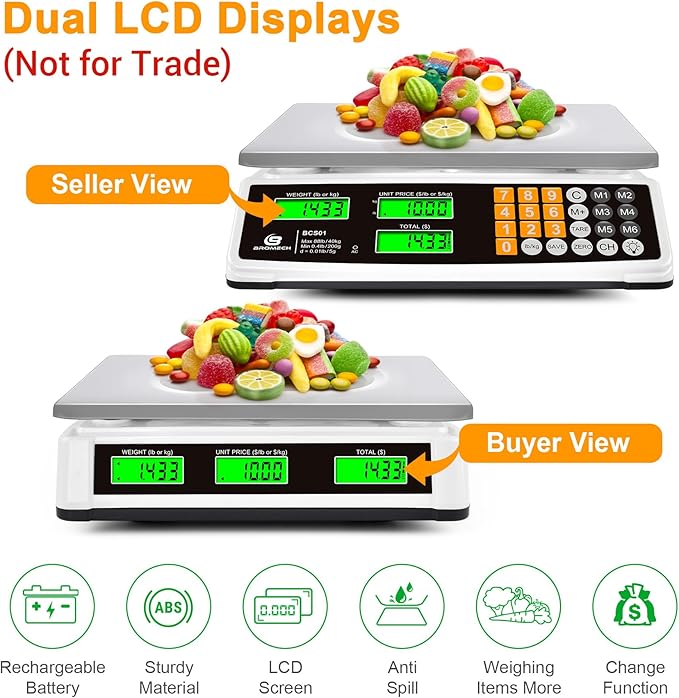 BROMECH Price Computing Scale 88lb/40kg Commercial Food Scale for Produce Meat Weighing, LCD Display and Green Bright Backlight for Farmers Markets, Meat Shop, Deli, （Not for Trade）