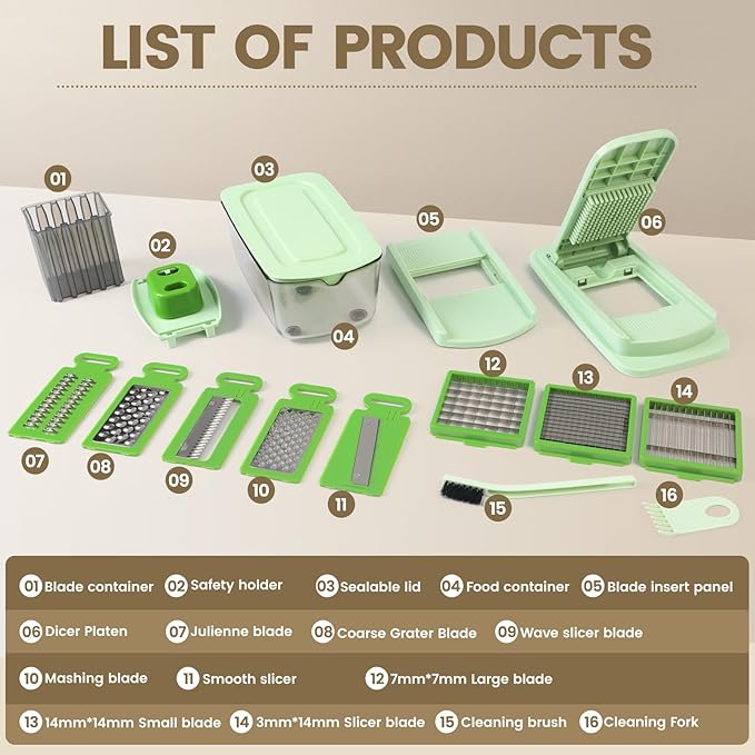 Vegetable Chopper, 16-in-1 Mandoline Slicer Dicer Grater Spiralizer with Container, 8 Stainless Steel Blades for Onion Salad Salsa Meal Prep