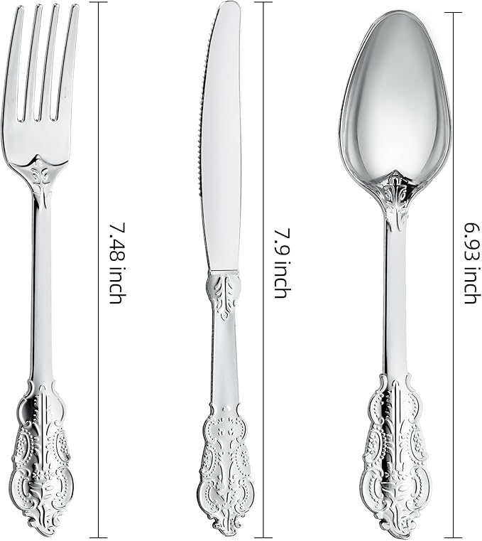 N9R 300PCS Silver Plastic Silverware, Vintage Disposable Utensils & Cutlery