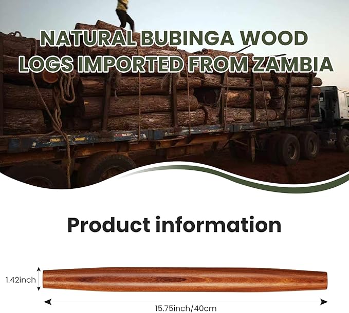 Sinotekk Natural Solid Bubinga Wood French Rolling Pin for Baking | Tapered Edges Type | High-Density Professional Dough Roller (French rolling pin - 15.75‘L)
