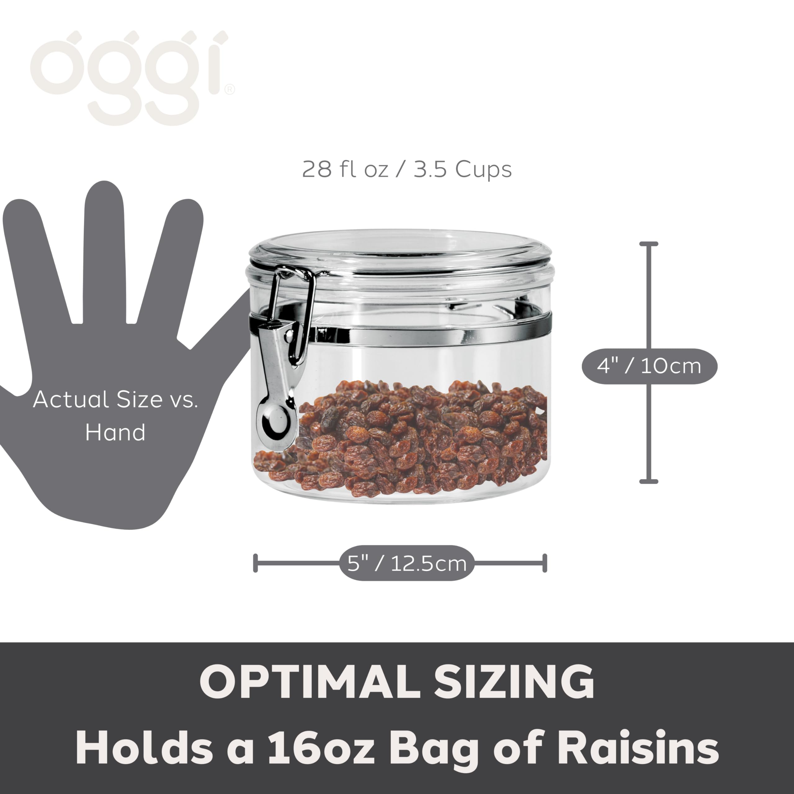 Oggi Clear Canister with Clamp Lid, 28 oz - Large Airtight Food Storage Container, for Kitchen & Pantry Storage of Bulk, Dry Foods Including Pasta, Flour, Sugar, Coffee, Rice, Tea, Spices & Herbs