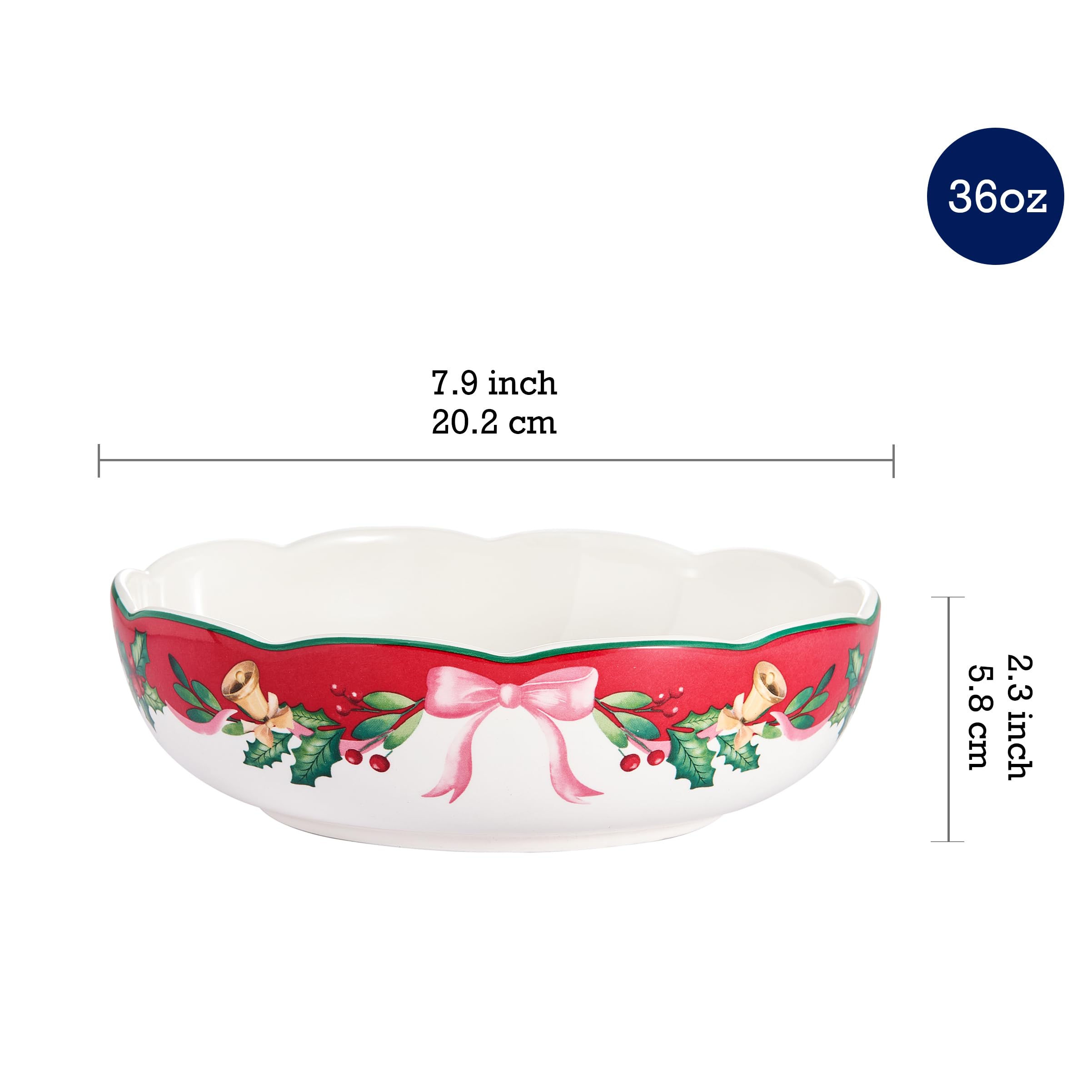 Bico Ribbon Christmas Scalloped Pasta Bowls, 36oz Salad Bowl Set of 4, Large Ceramic Serving Dinner Bowls for Soup and Cereal, Microwave and Dishwasher Safe, Gift for Housewarming and Holiday