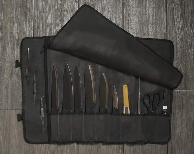 Asaya Waxed Canvas Chef Knife Roll Bag with 10 Slots and a Zipper Pocket - Professional Chef Knife Bag & Storage Case, with Shoulder Strap - Knives Not Included (Grey)