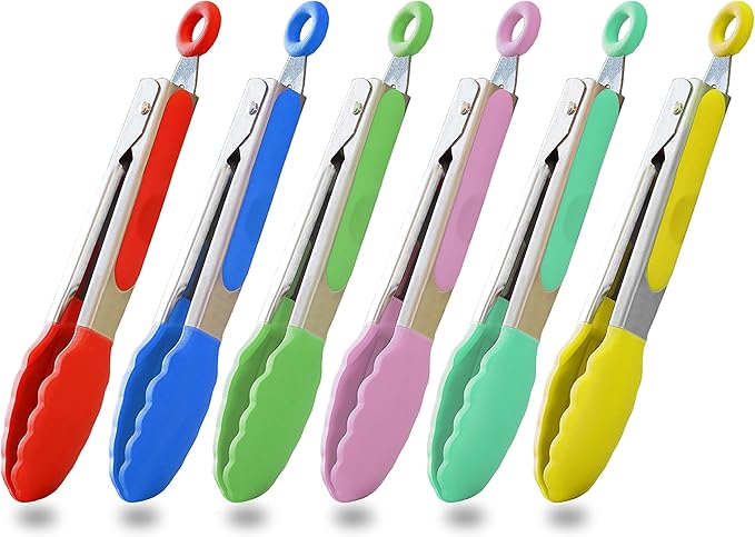 HINMAY Small Tongs Set 7-Inch Mini Tongs with Silicone Tips, Set of 6 (Red Blue Green Pink Mint Yellow)