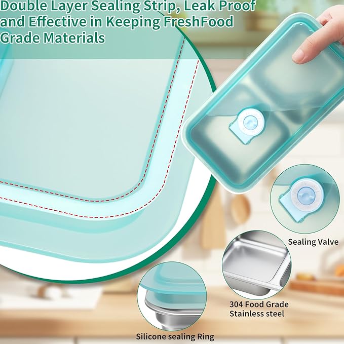 MJDYTYT 3 Pack Leakproof Stainless Steel Snack Containers with Secure Sealed Lids, Reusable 2 Compartment Bento Boxes for Lunch Prep, Travel, School & Office Stainless Steel Lunch Box