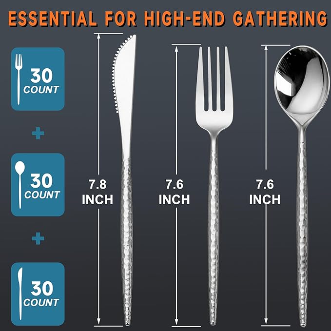 Rubtlamp 90Pcs Silver Plastic Silverware, Hammered Disposable Silverware,Silver Plastic Forks And Spoons, Fancy Plastic Cultery Include 30 Forks, 30 Knives And 30 Spoons for Party