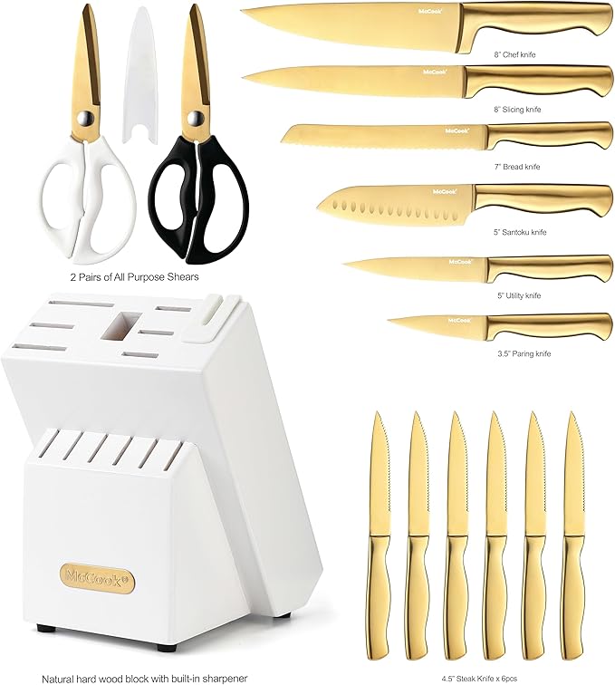 McCook Knife Set Gold Kitchen Knife Block Set w Built-in Sharpener