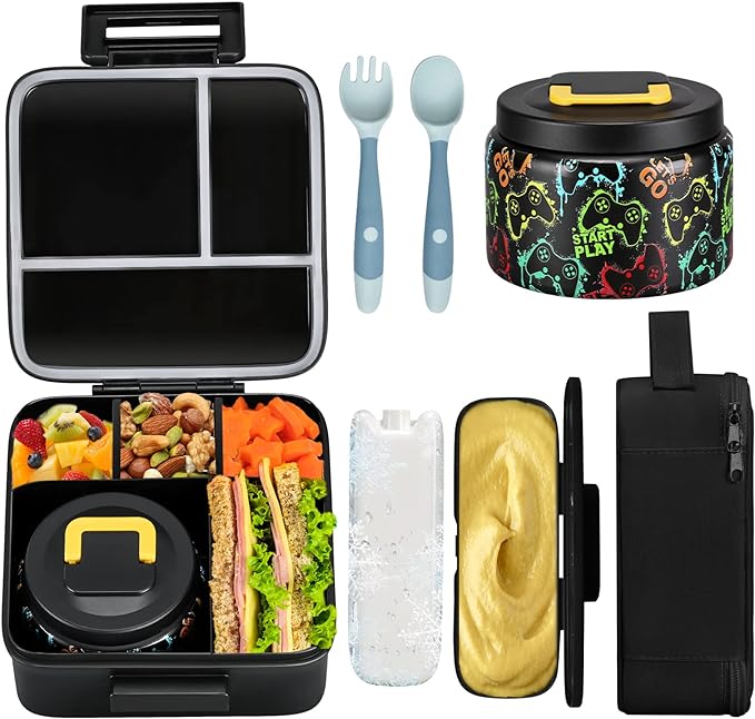 JXXM Bento Lunch Box for Kids With 8oz Soup thermo,Leak-proof Lunch Containers with 5 Compartment,thermo Food Jar and Lunch Bag, Food Containers for School (A-Black(Game Consoley))