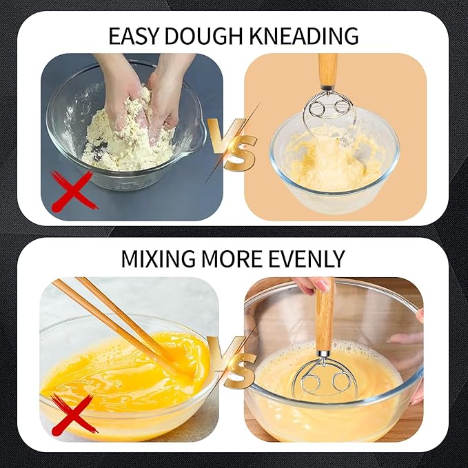 Agttete Danish Dough Whisk Stainless Steel Wood Handle for Sourdough Bread