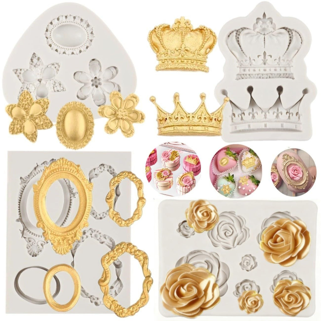 Vintage Picture Frame Fondant Mold Baroque Style Crown Rose Flower Silicone Mold for Chocolate Sugarcraft Cupcake Topper Jewelry Polymer Clay Crafting Projects