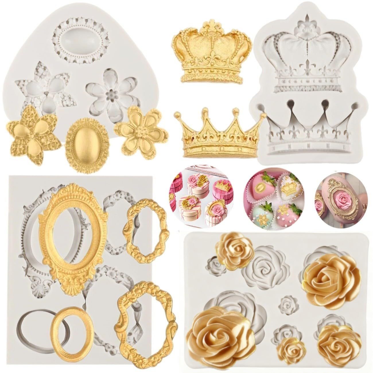 Vintage Picture Frame Fondant Mold Baroque Style Crown Rose Flower Silicone Mold for Chocolate Sugarcraft Cupcake Topper Jewelry Polymer Clay Crafting Projects