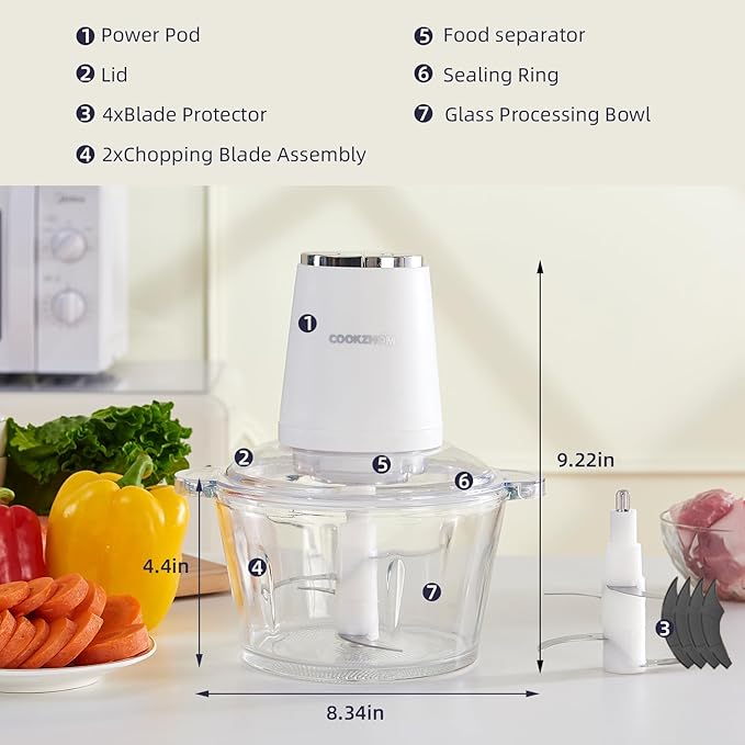 COOKZHOM Food Processor,Electric Food Chopper with 500W Stainless Steel Motor & 2 Sharp Blade Sets,8-Cup Glass Bowl for Meat, Vegetables, Fruits and Nuts