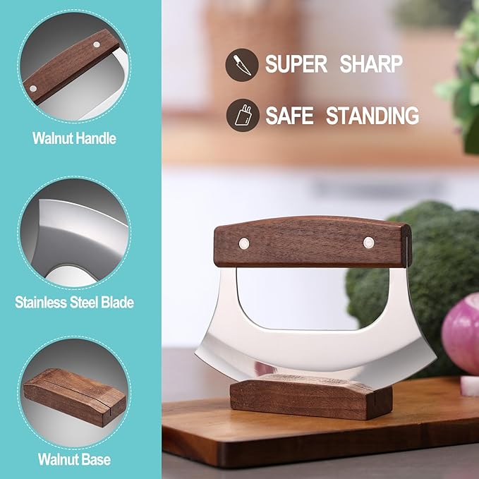 Coowolf Ulu Knife with Stand for Cutter Pizza Meat Vegetables Herb Salad