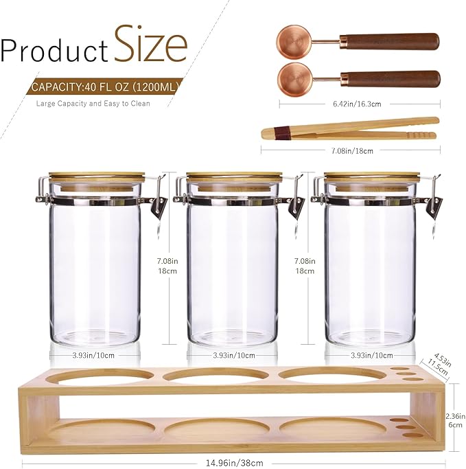 Matifaner Glass Coffee Storage Containers with Bamboo Shelf,Ground Coffee Holder Jars,Airtight Glass Countertop Storage Jar Canisters with Spoon for Coffee,Loose Tea,40 Fluid-oz,Pack of 3