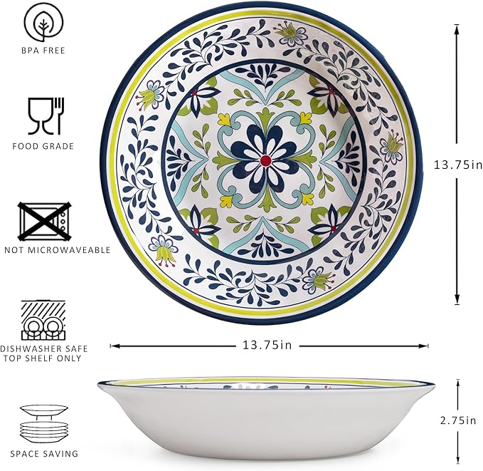 ZAROCRUS Talavera Melamine Large Serving Bowl, 13.75" x 2.75" Mixing, Pasta Serving Bowls set of 2,100% Melamine Soup Bowl Salad Bowl Fruit Bowls,Lightweight and Unbreakable…