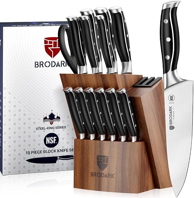 BRODARK 15Pcs High Carbon Stainless Steel Knife Set with Block, Ultra Sharp