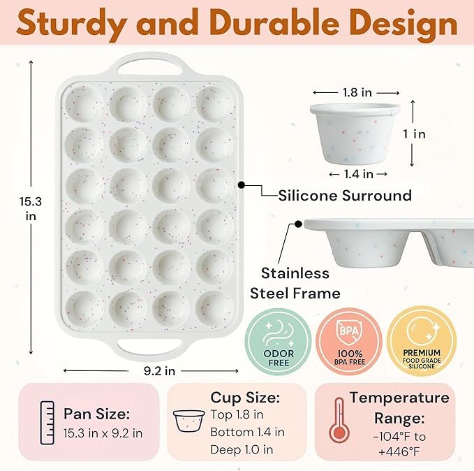Silicone Mini Muffin Pan, 24 Cup 2 Pack with Metal Reinforced Frame