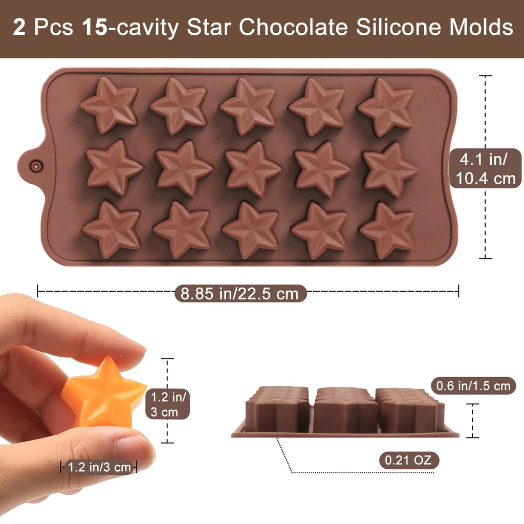 Dacthuw Small Star Chocolate Molds Silicone, Food Grade Silicone Candy Molds for Bite Size Gummy/Jelly/Fruit Snacks, 15 Cavities Mini Star Mold for Soap/Candle/Wax Melt, 2 Pcs