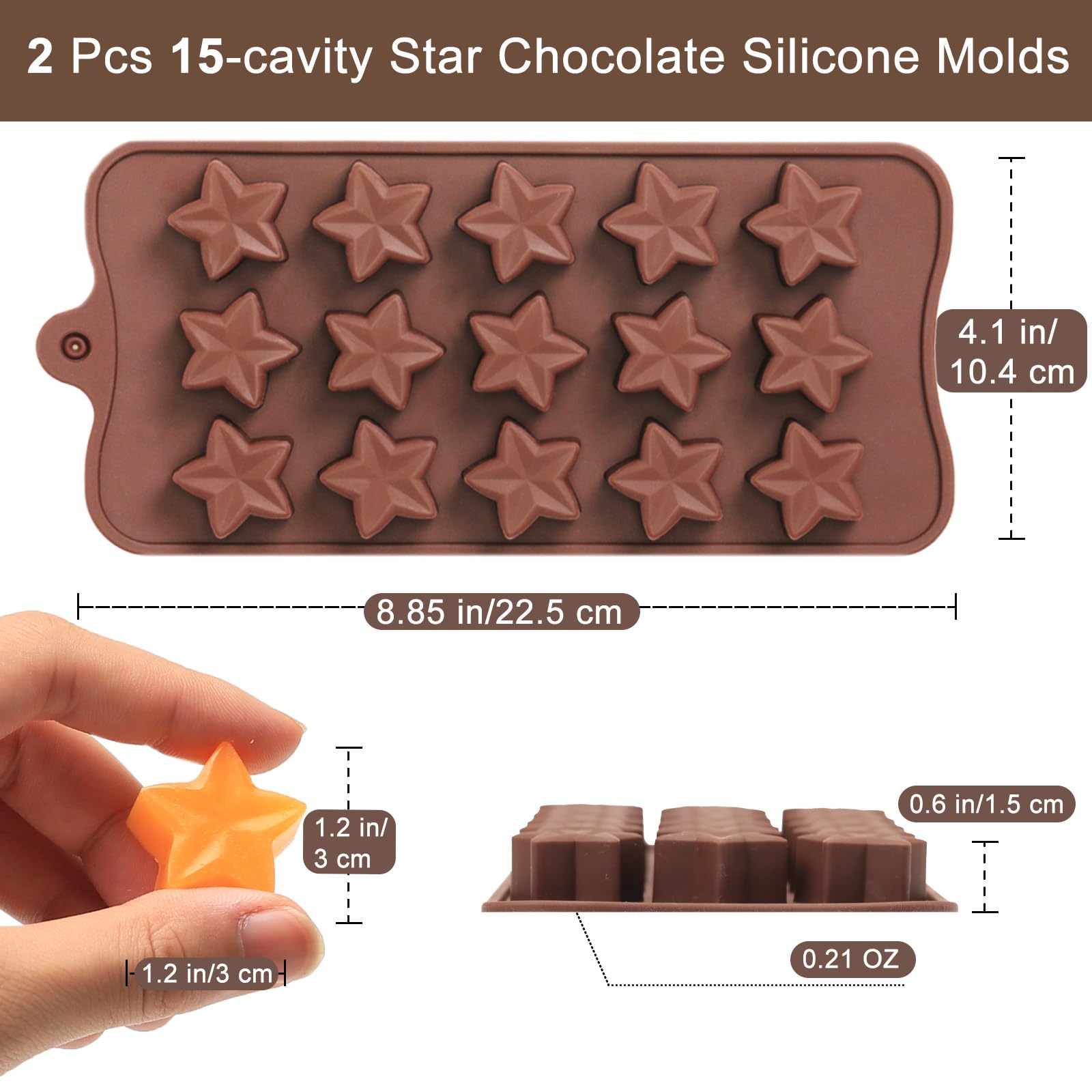 Dacthuw Small Star Chocolate Molds Silicone, Food Grade Silicone Candy Molds for Bite Size Gummy/Jelly/Fruit Snacks, 15 Cavities Mini Star Mold for Soap/Candle/Wax Melt, 2 Pcs