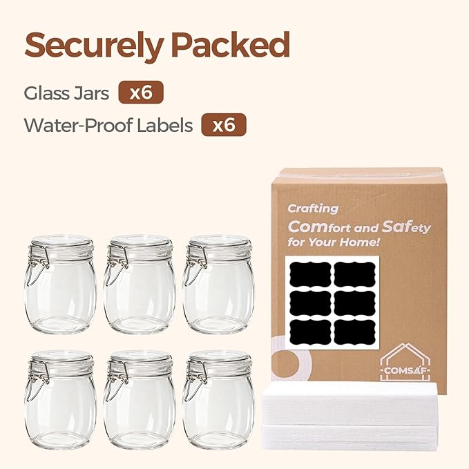 ComSaf Round Glass Jars with Airtight Lids 25 oz 6 Pack Pickling
