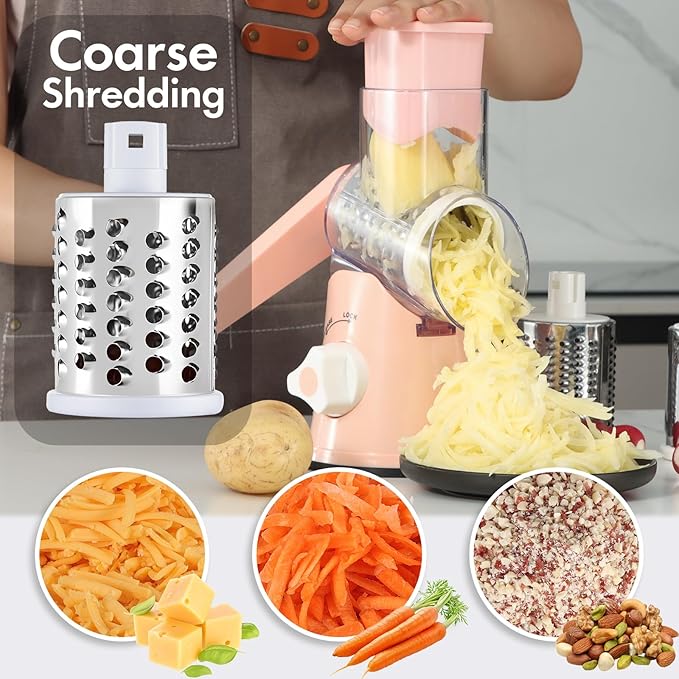 Ancevsk Rotary Cheese Grater with Handle, Round Mandoline Speed Kitchen Slicer, 3 in 1 Multifunctional Vegetable Shredder Manual Nut Grinder for Nuts, Potato, Carrot, Cucumber (Pink)