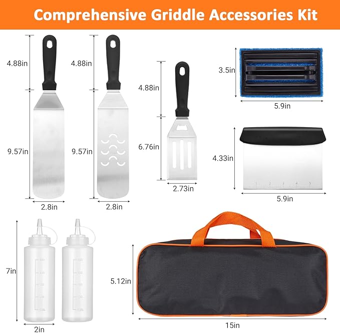 Blackstone Griddle Accessories Kit, 8PCS Flat Top Grilling Accessories Set for Blackstone and Camp Chef, Metal Grill BBQ Enlarged Spatulas Set with Carry Bag Outdoor BBQ & Camping