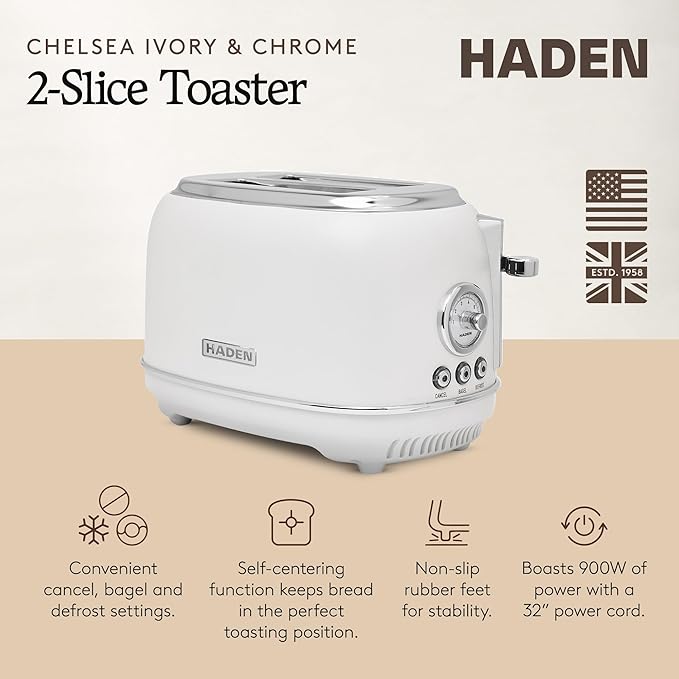Haden Chelsea 2-Slice Wide Slot Stainless Steel Toaster with Adjustable Browning Control & Non-Slip Feet, Ivory & Chrome