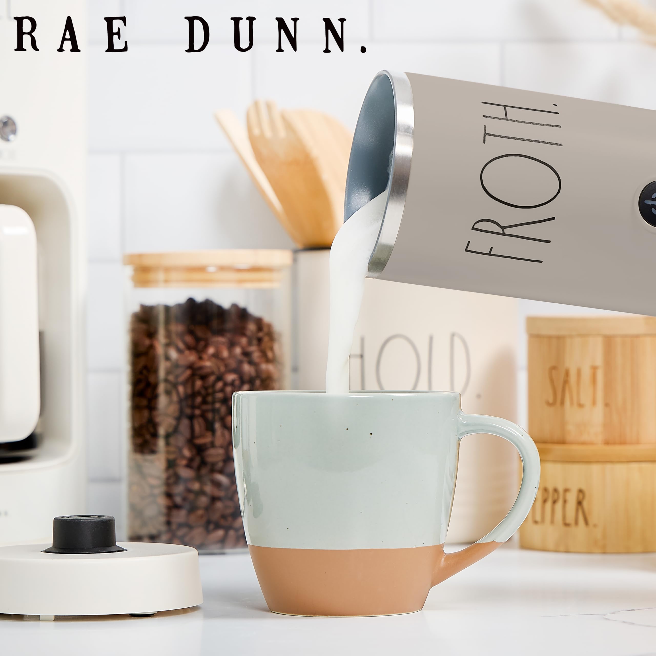Rae Dunn Electric Milk Frother Steamer -Stylish Automatic Milk Steamer and Frother, Milk Warmer, Hot and Cold Foam Maker for Coffee, Latte, Cappuccino, Macchiato - 550 Watt (Sand)