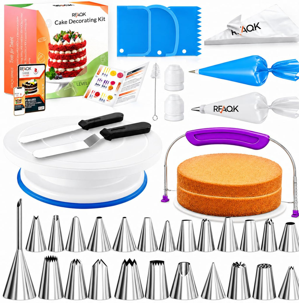 RFAQK 90PCs Cake Decorating Kit for Beginners, Baking Supplies Includes Cake Turntable, Cake Leveler, 24 Icing Piping Tips, 56 Piping Bags, 2 Couplers, Spatulas, Scrapers, Video Course and Booklet