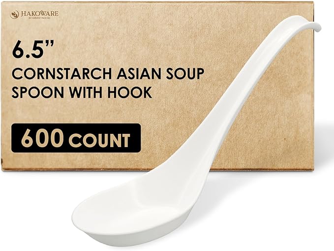 Disposable PLA Cornstarch Asian Soup Spoons with Hook Plastic-Free, 600 PK