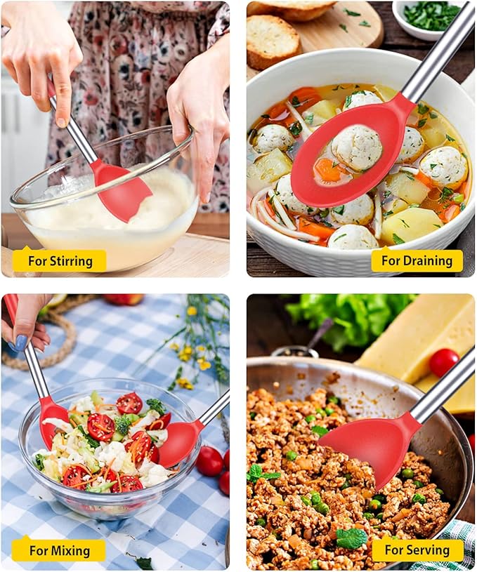 BUNDLEPRO Silicone Cooking Spoons for Non Stick Cookware, 2 Pack, RED