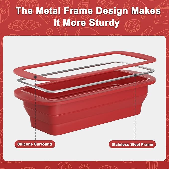 2 Packs of Collapsible Silicone Bread Loaf Pan With Foldable Function and Metal Reinforced Frame,Rectangular Non-Stick Baking Mold Pans for Oven, Bread, Cake, Easy Release(9"x4"x2.5", Red, 2 Pieces)