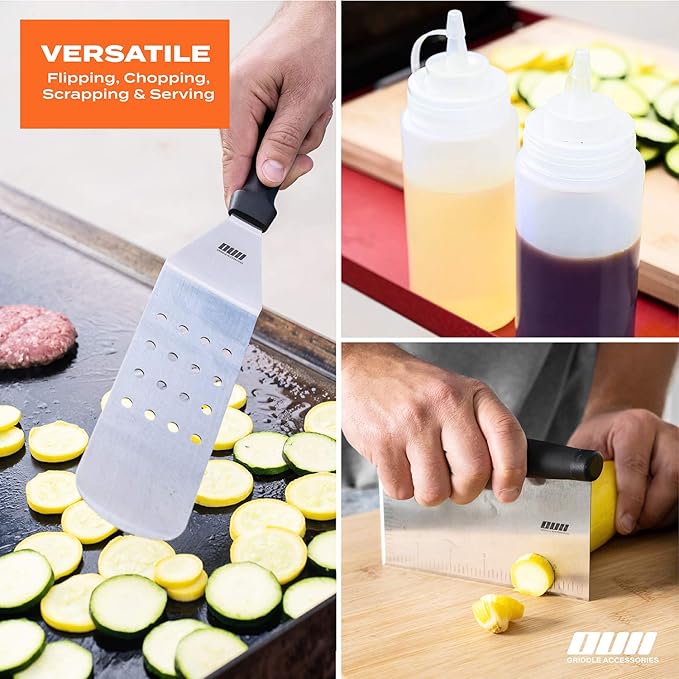OUII Flat Top Griddle Accessories for Blackstone and Camp Chef Griddle - 9 Pieces Set with Griddle Cleaning Kit and Carry Bag! Metal Spatula, Scraper for Hibachi and Teppanyaki Grill