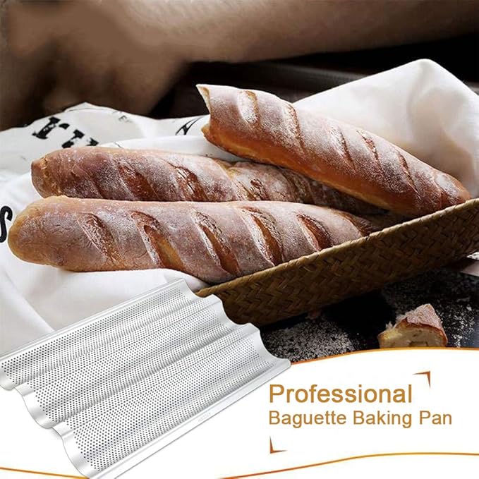 AYCCNH Stainless Steel Perforated French Baguette Bread Pan 3 Waves Toaster Oven Baking Tray (15"x10") with Large Bread Proofing Cloth (17.7" x 30.3")