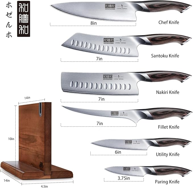 HOSHANHO 7PCS Kitchen Knife Set, Japanese Magnetic Knife Block Set