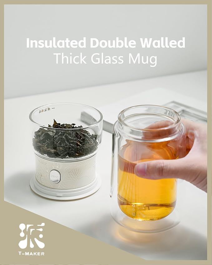 ZENS Glass Tea Infuser Pot, Modern One Touch Tea Maker for Tea Steeping