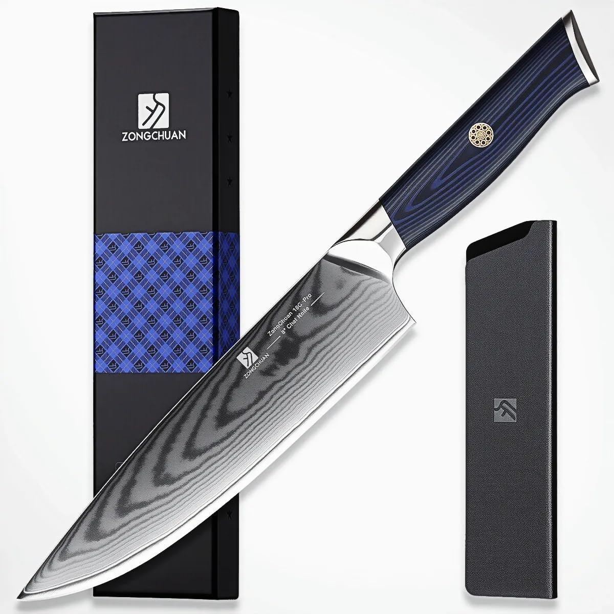 zongchuan 8-Inch Damascus Chef Knife, 67-Layer High Carbon Stainless Steel Kitchen Knife with Ergonomic Blue Black G10 Handle, Protective Sheath & Gift Box for Home and Professional Cooking