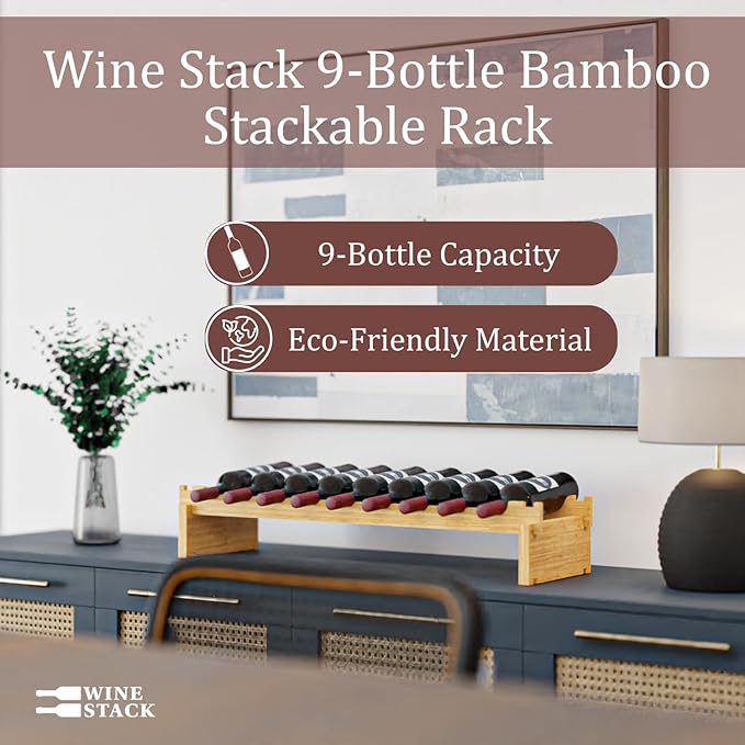 Wine Stack 9 Bottle Bamboo Stackable Small Wine Rack for Countertop, No Tools Assembly, Durable, Wine and Liquor Bottle Storage for Small Spaces